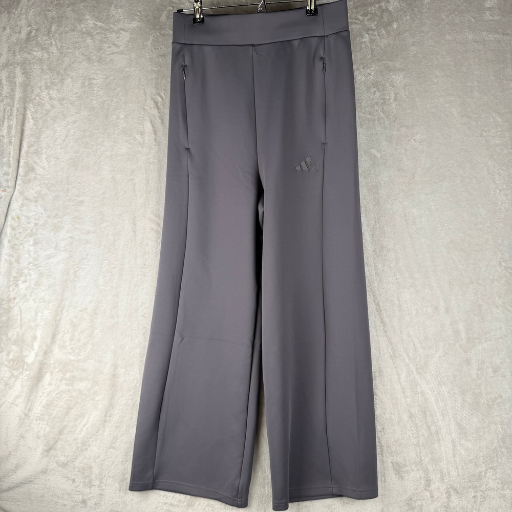 Adidas Womens High Waisted Wide Leg Track Pants Charcoal Grey Pintuck Zip Pocket